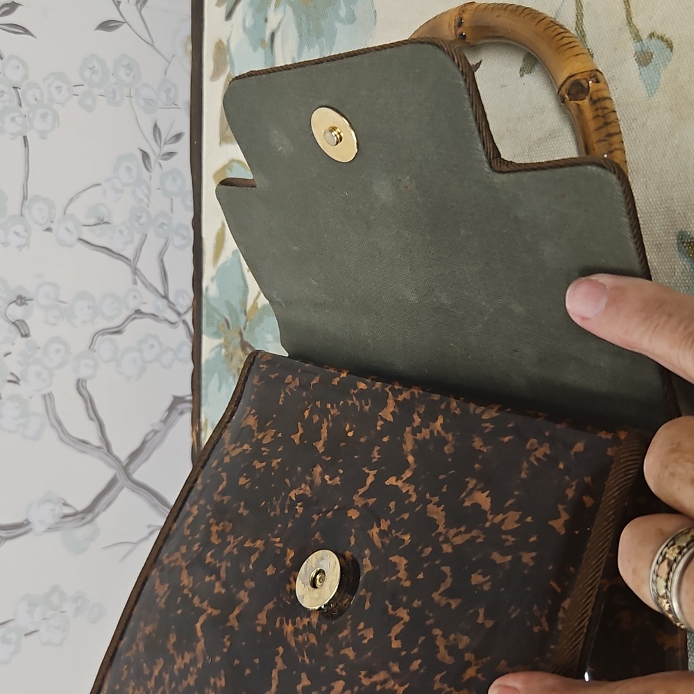 Chic Brown Patterned Satchel with Bamboo Handle - Picture 5 of 11
